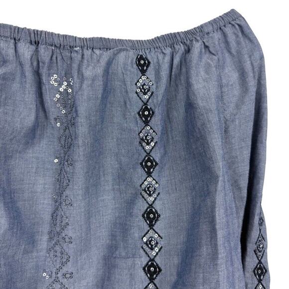 Chicos Womens Embellished Denim Chambray Embroidered Sequin Top Shirt Blue 2/ L - Picture 12 of 16